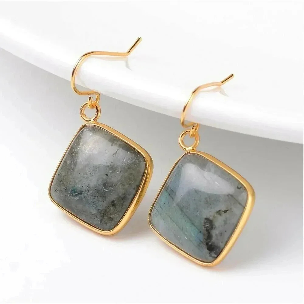 Puffed Diamond Shape Labradorite Gemstone Pendant Gold Plated Trim Earrings